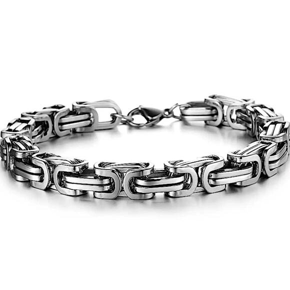 STAINLESS STEEL SILVER BYZANTINE MECHANIC SILVER BLACK BIKER BRACELET - Picture 3 of 7